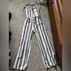 Japna Striped Wide Leg Jumpsuit in White and Navy